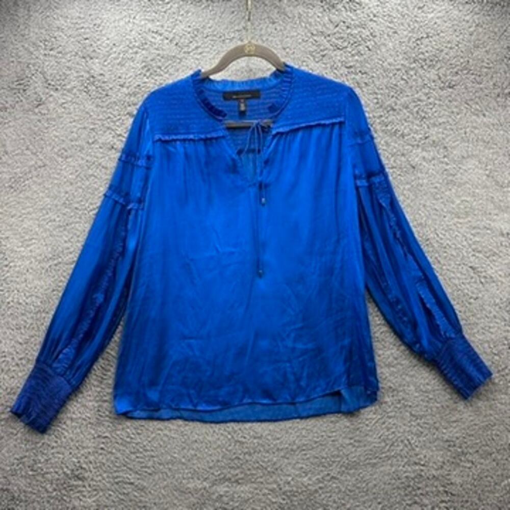 White House Black Market Medium Silky Blue Long Sleeve Top Flowy Romantic